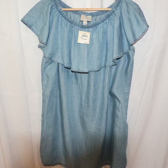 NWT Hinge Top One Size Blue Chambray Ruffled Elastic Neck - Picture 4 of 15